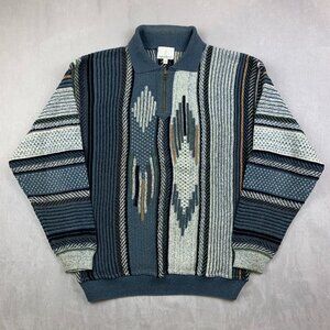 Vtg London Fog Mens Sweater Large Blue Striped 1/4 Zip Collared Textured 3D Knit